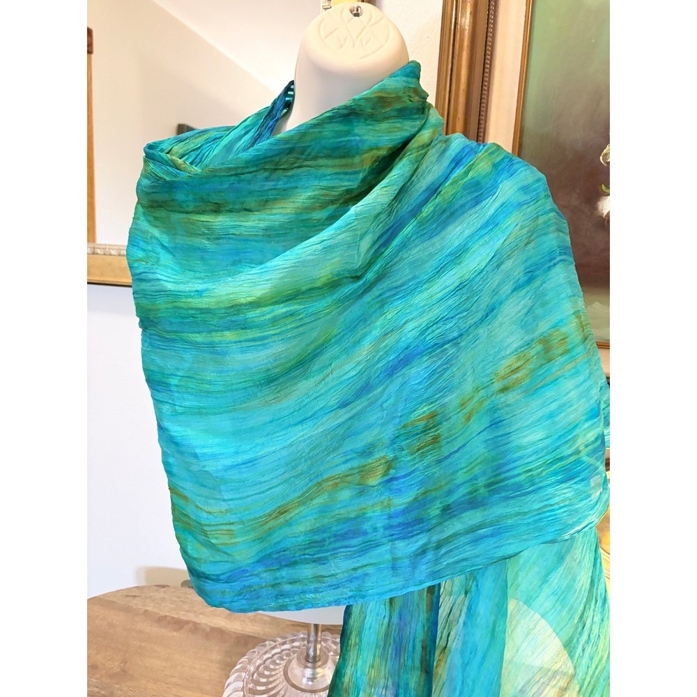 Blue Green Watercolor Silk Scarf LUA Crinkle Sheer Mermaidcore Striped Coastal